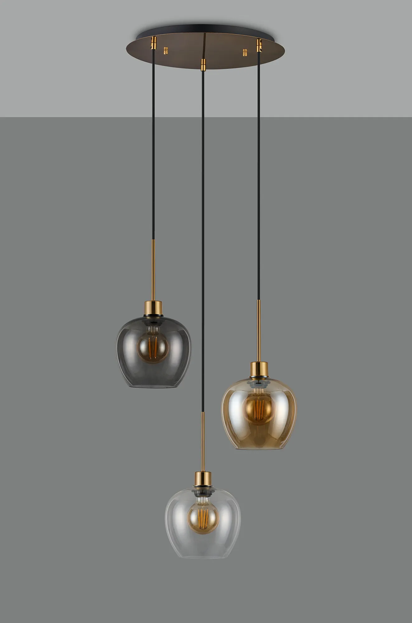 Lori 40cm Round Pendant, 3 Light Adjustable E27, Antique Gold/Amber/Clear/Smoke Wine Shades DK1184  Deco Lori Antique Gold